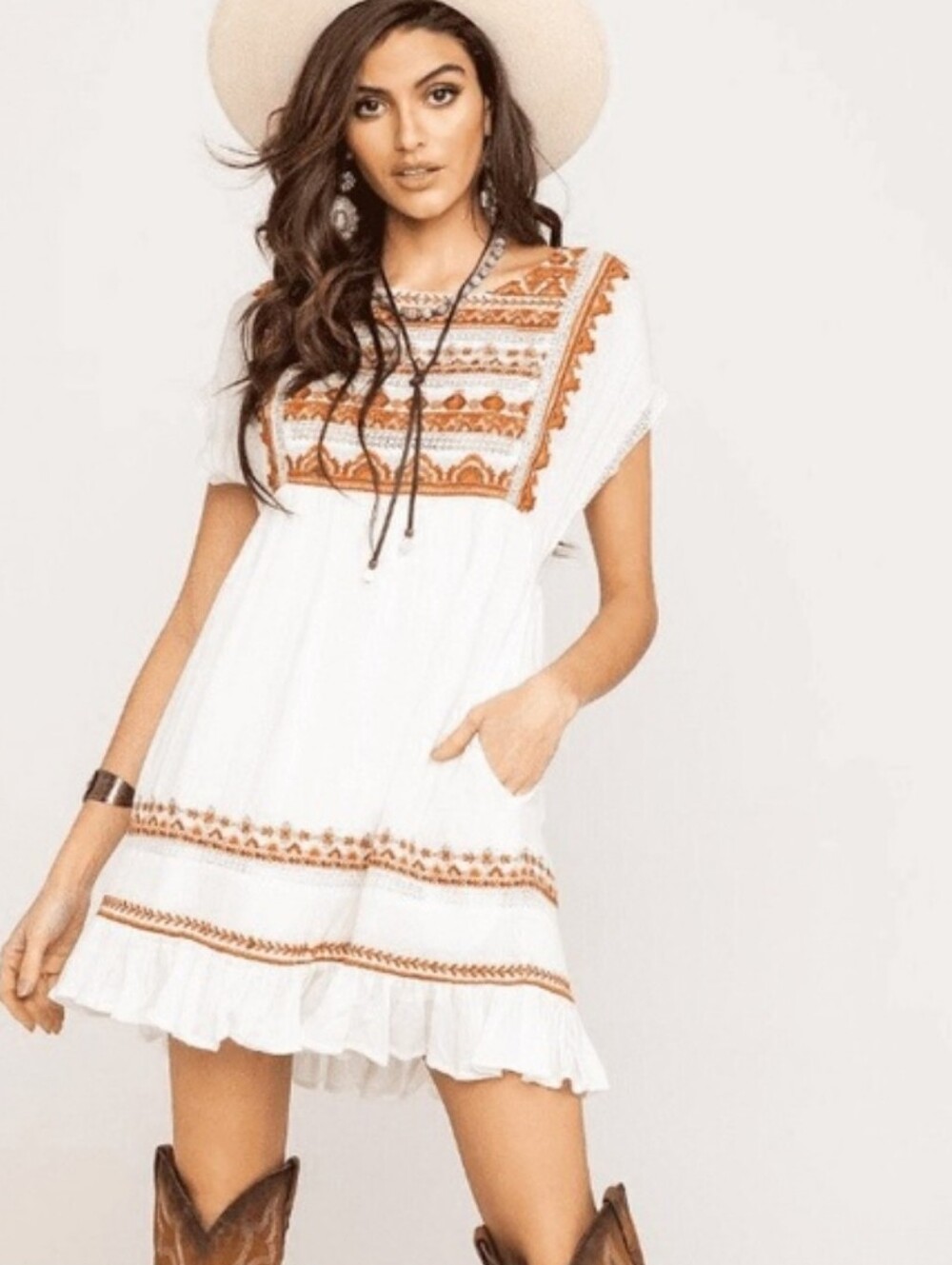 Free People White Mini Dress with Orange Embroidery Boho Festival Summer